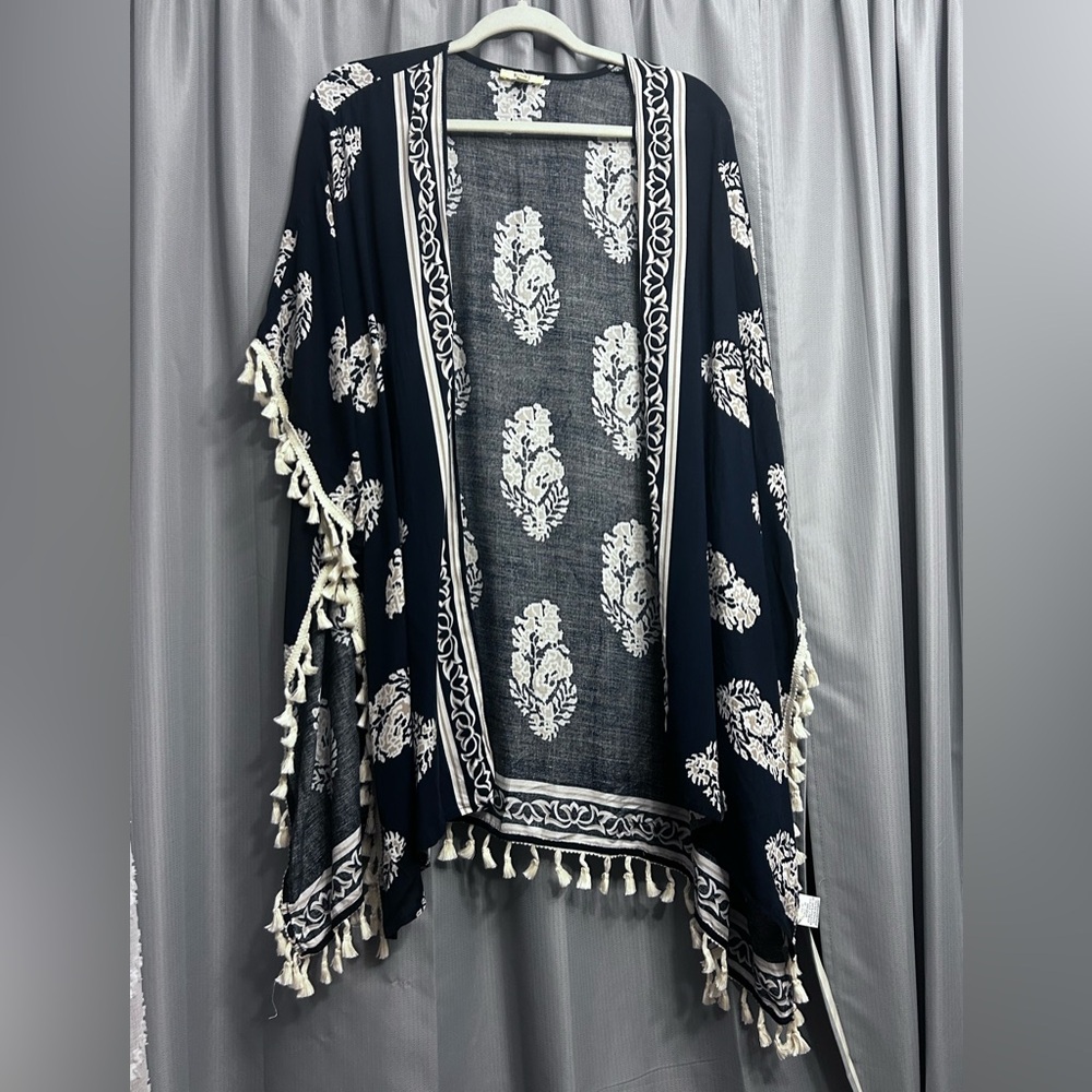 $19 sale Kori Sheer Kimono Duster M tassels cover up Shaw #77 sz07978 - Picture 3 of 7